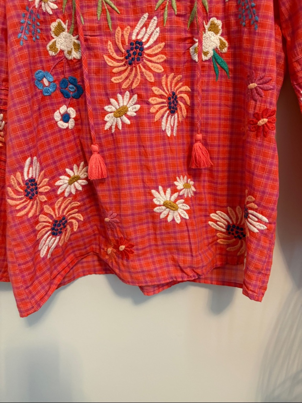 Johnny Was Workshop Red and Purple Plaid Embroidered Floral Peasant Blouse - Picture 7 of 10